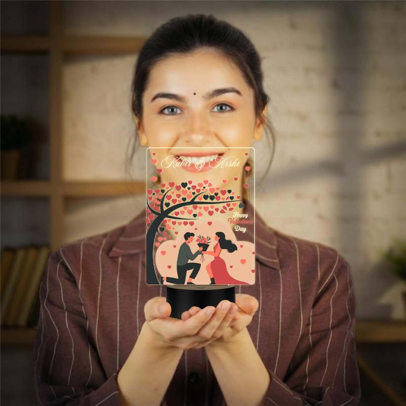 Personalized Happy Valentine's Day Theme LED Night Lamp, Couple with Heart Tree Design Valentines Day Gift for Couples Warm White Light